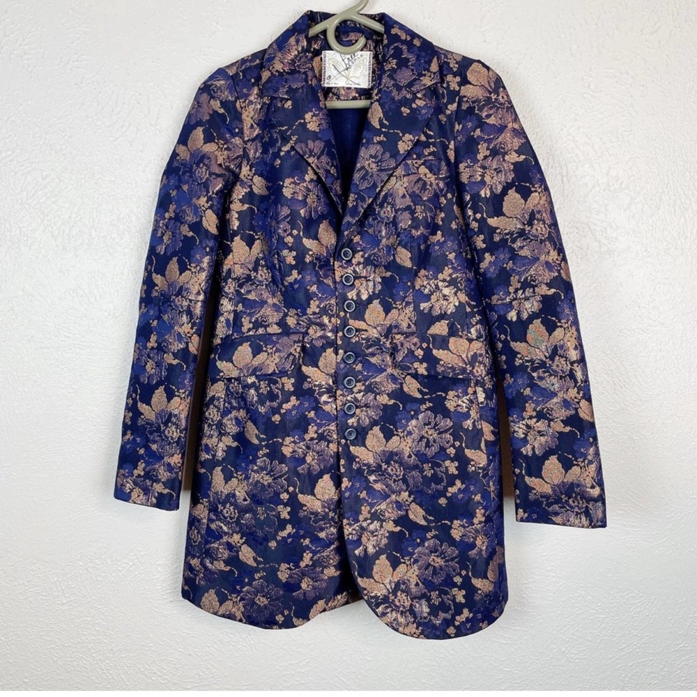 Free People dark blue jacket with bronze metallic florals, sz 0